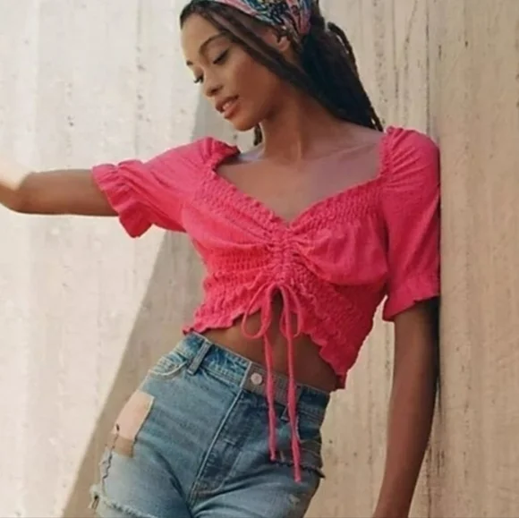 Pilcro Anthropologie Ruffle Puff Sleeve Pink Rose Sz M - Picture 5 of 16